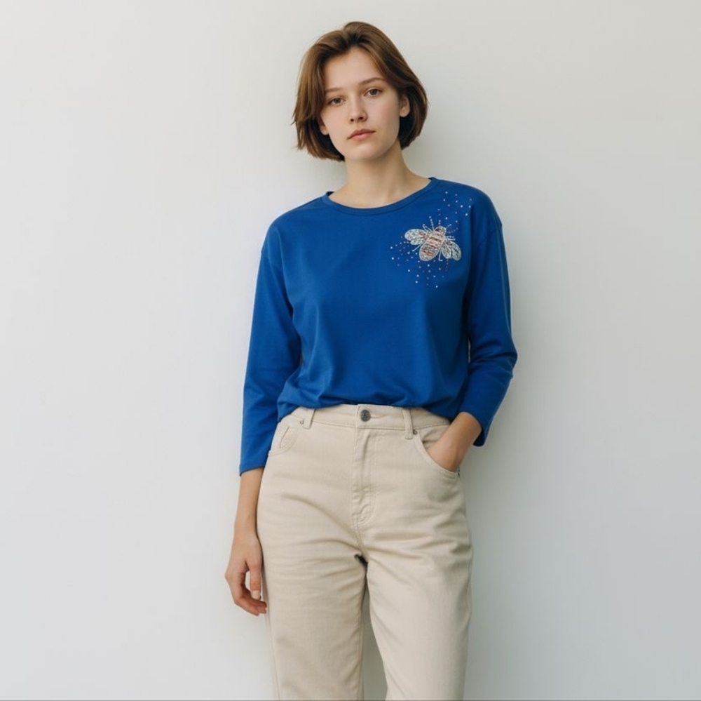 Quacker Factory Royal Blue Bee Embellished Top Large Whimsical ART to WEAR FLY - Picture 1 of 5